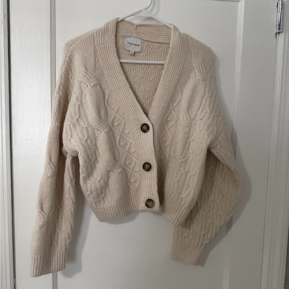 Pink Rose Cream Button-Up Cardigan